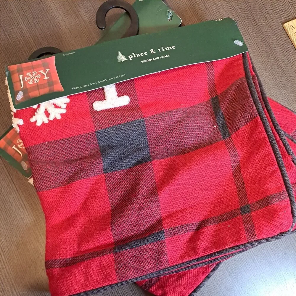 Holiday Pillow Covers Pair 18 Inch Christmas Red Black Plaid Joy Zipper NWT